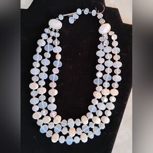 Vintage West Germany 3 Strand Moonstone & Mother of Pearl Bib Necklace